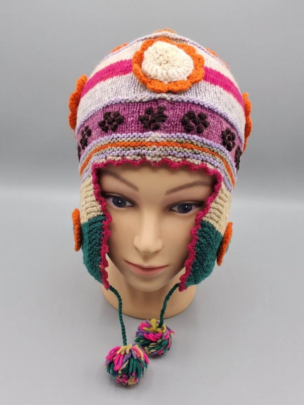 Handcrafted Andean Sheep's Wool Chullo Beanie with Multicolored Flowers and Pom-